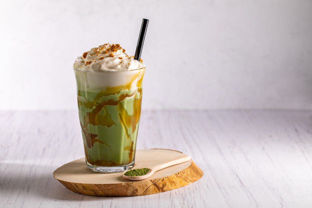 Matcha and lotus biscoff frappe drink