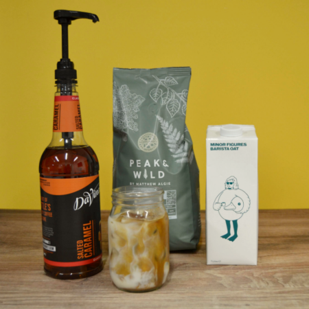 Ingredients to make an iced latte: Wild Bean coffee, minor figure oat milk and DaVinci salted caramel syrup
