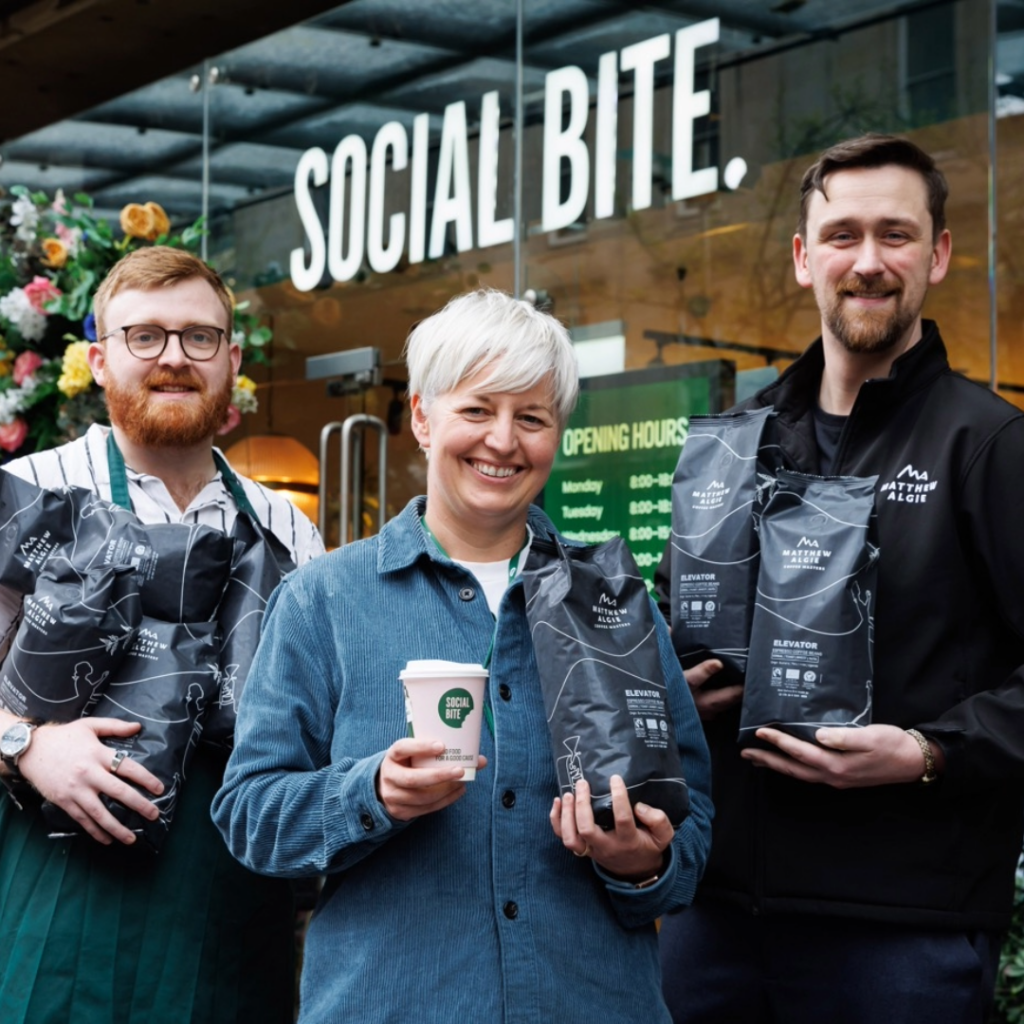 Picture of Alastair Lindsay ( General Manager at Sauchiehall street Social Bite branch), Mel Swan (Commericial Manager at Social Bite), and Kevin McGeachan from Matthew Algie in front of the Glasgow Social Bite store